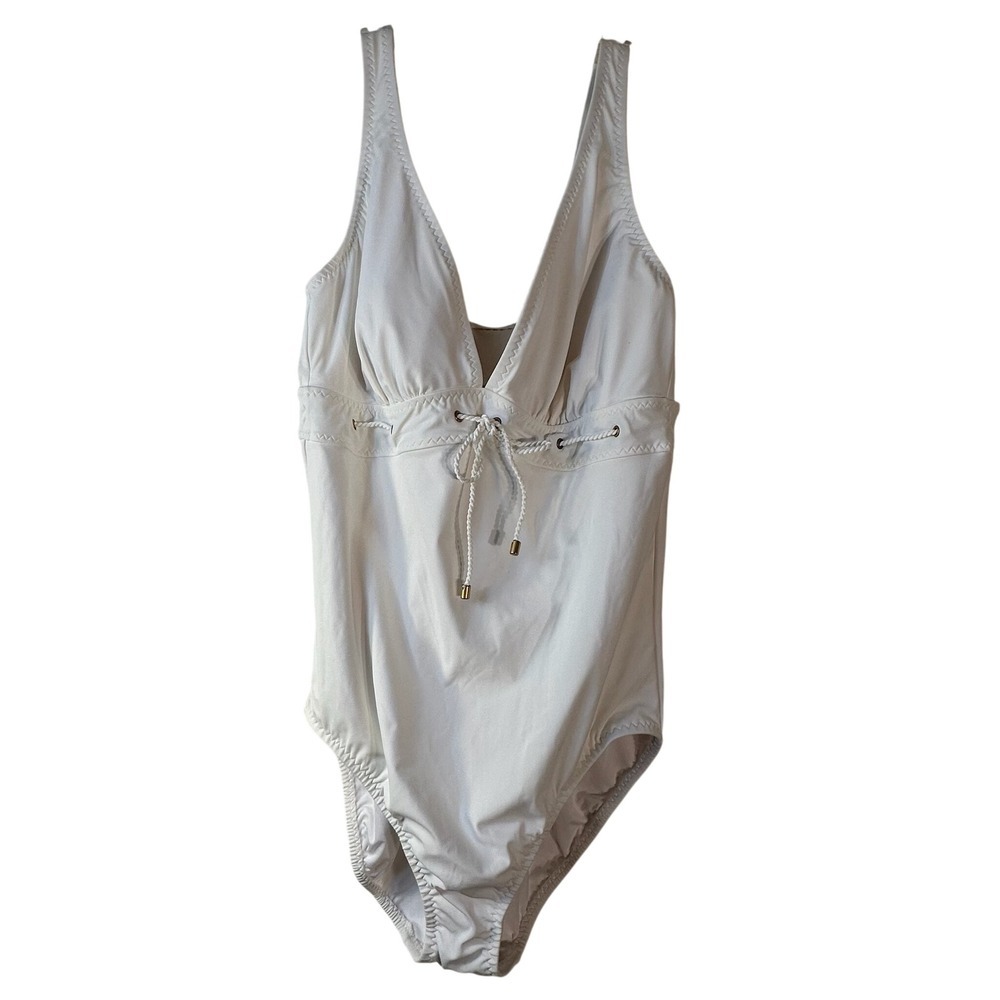 Lands End Womens White Nautical V-Neck One Piece Swimsuit Size 16 Rope Tie